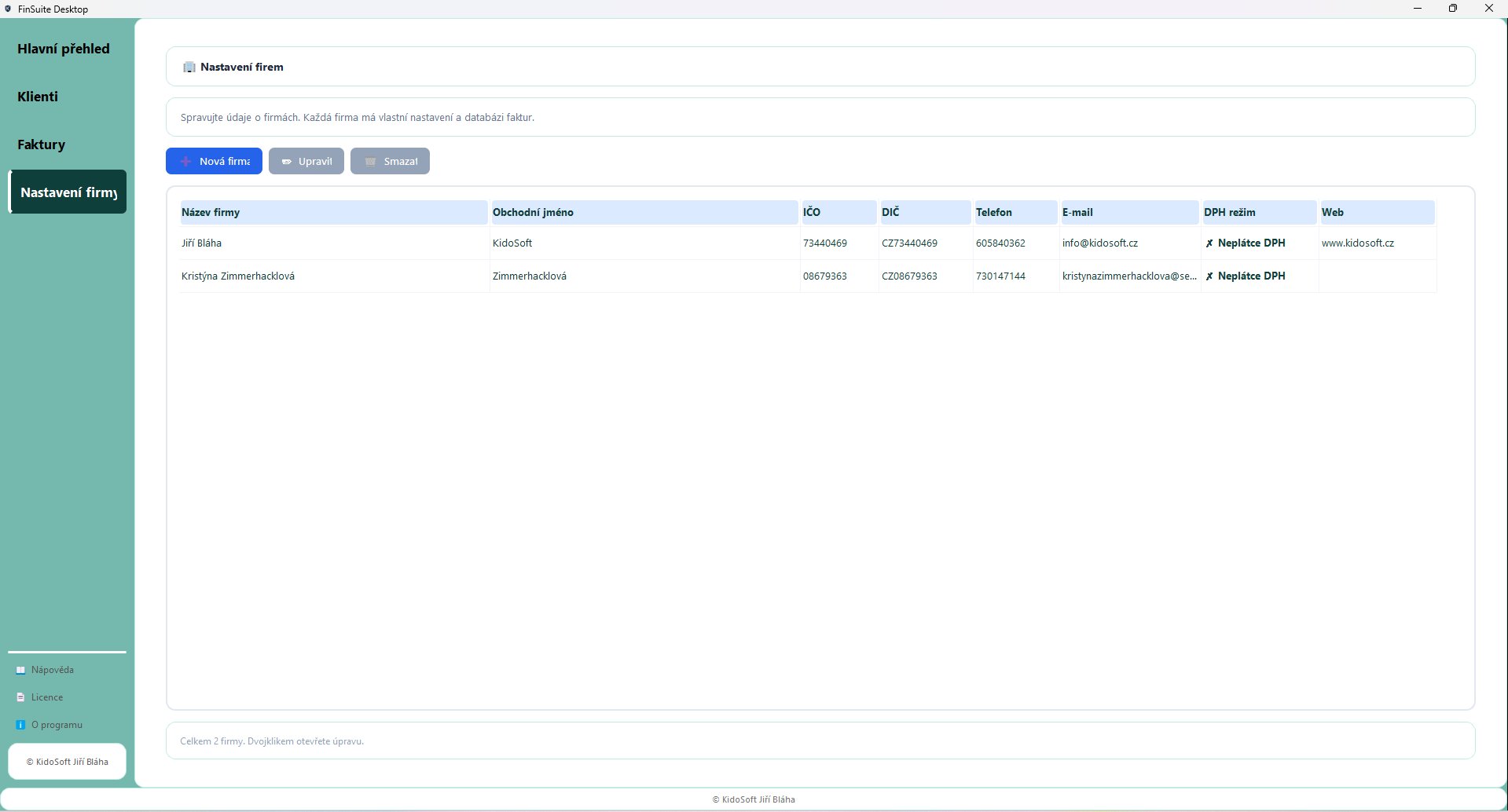 Nastavení firem — multi-company správa