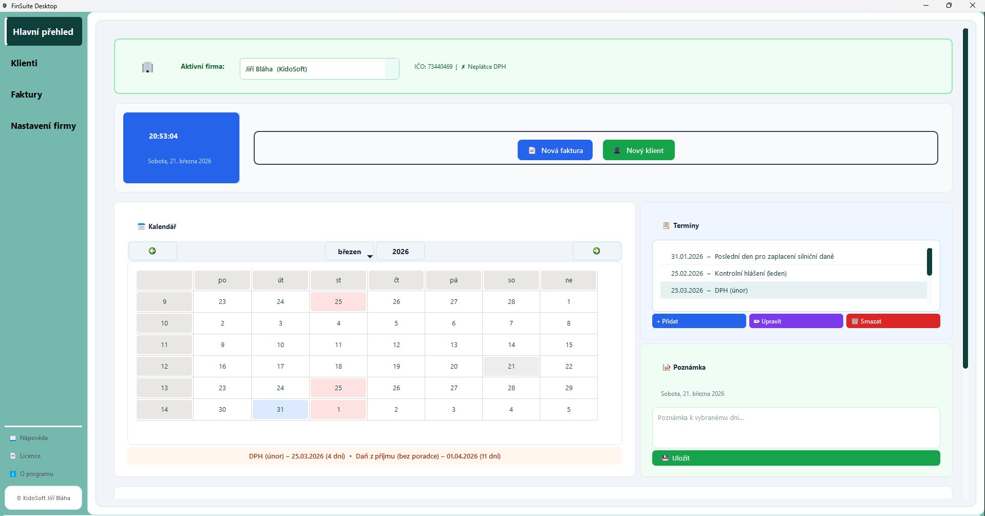 Hlavní přehled — hodiny, kalendář, termíny